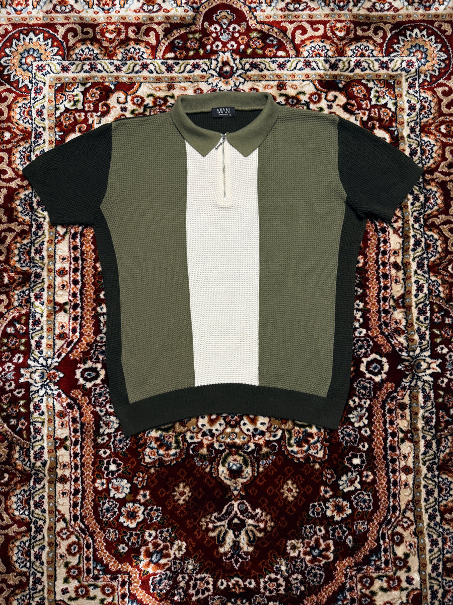 boohooMan Green & White Zipped Polo Shirt - S