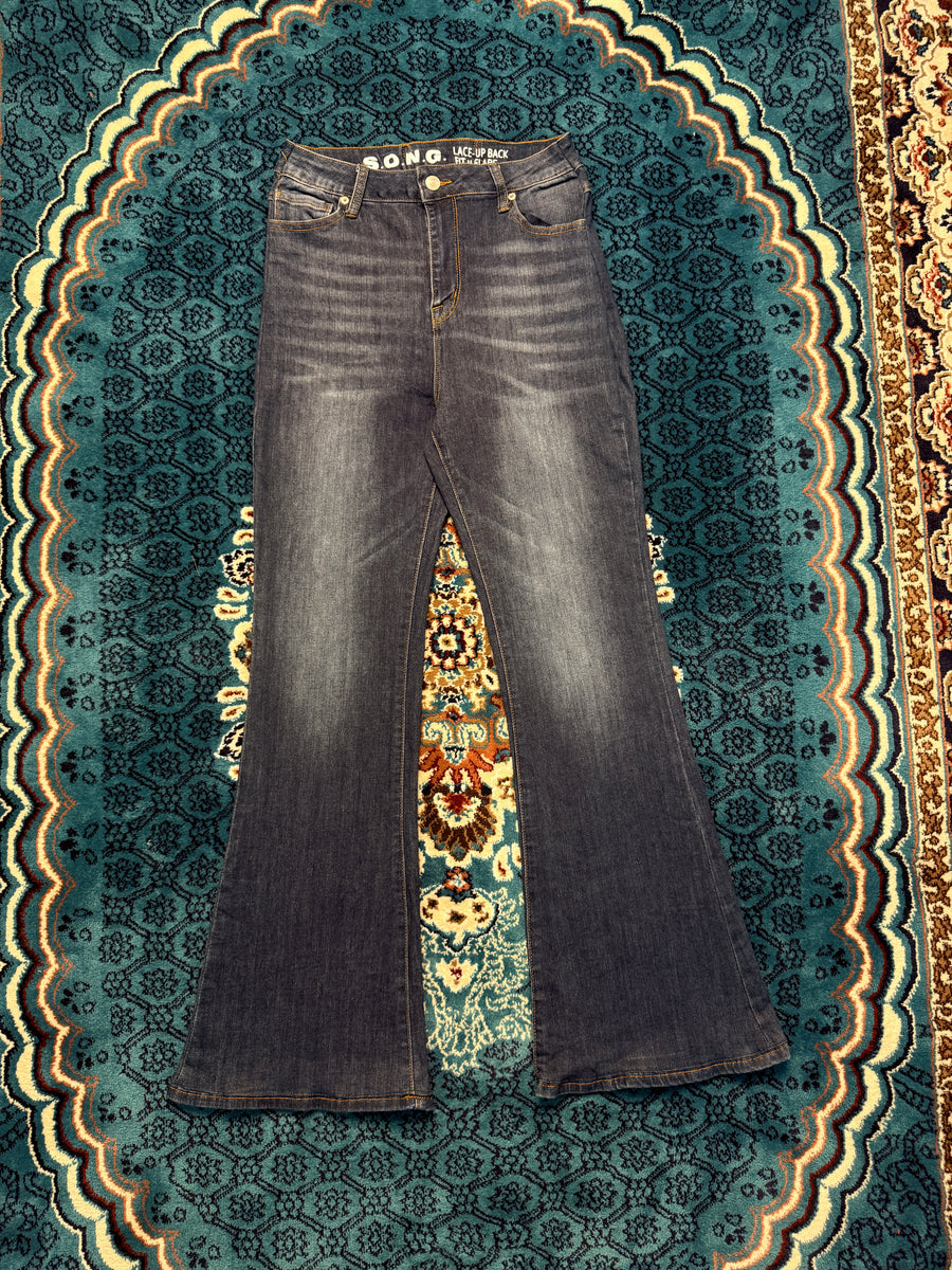 Song Blue Lace Up Back Fit N Flared Jeans - 11