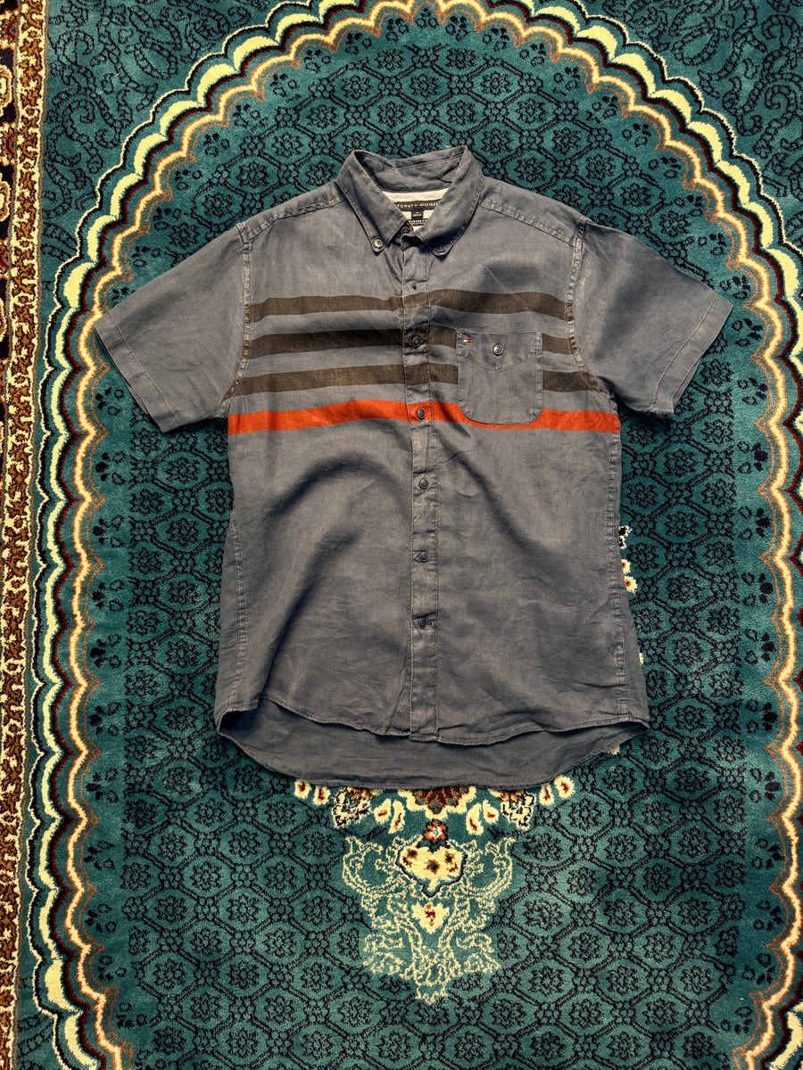 Tommy Hilfiger Short Sleeve Stripe Blue Custom Fit Shirt Faded - M