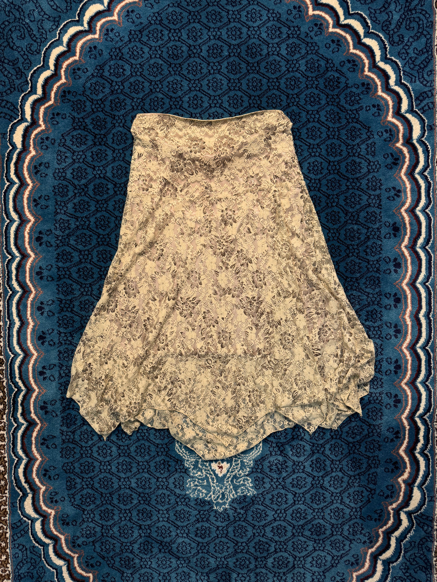 Vintage Brown Embroidered Mesh Midi Skirt - L