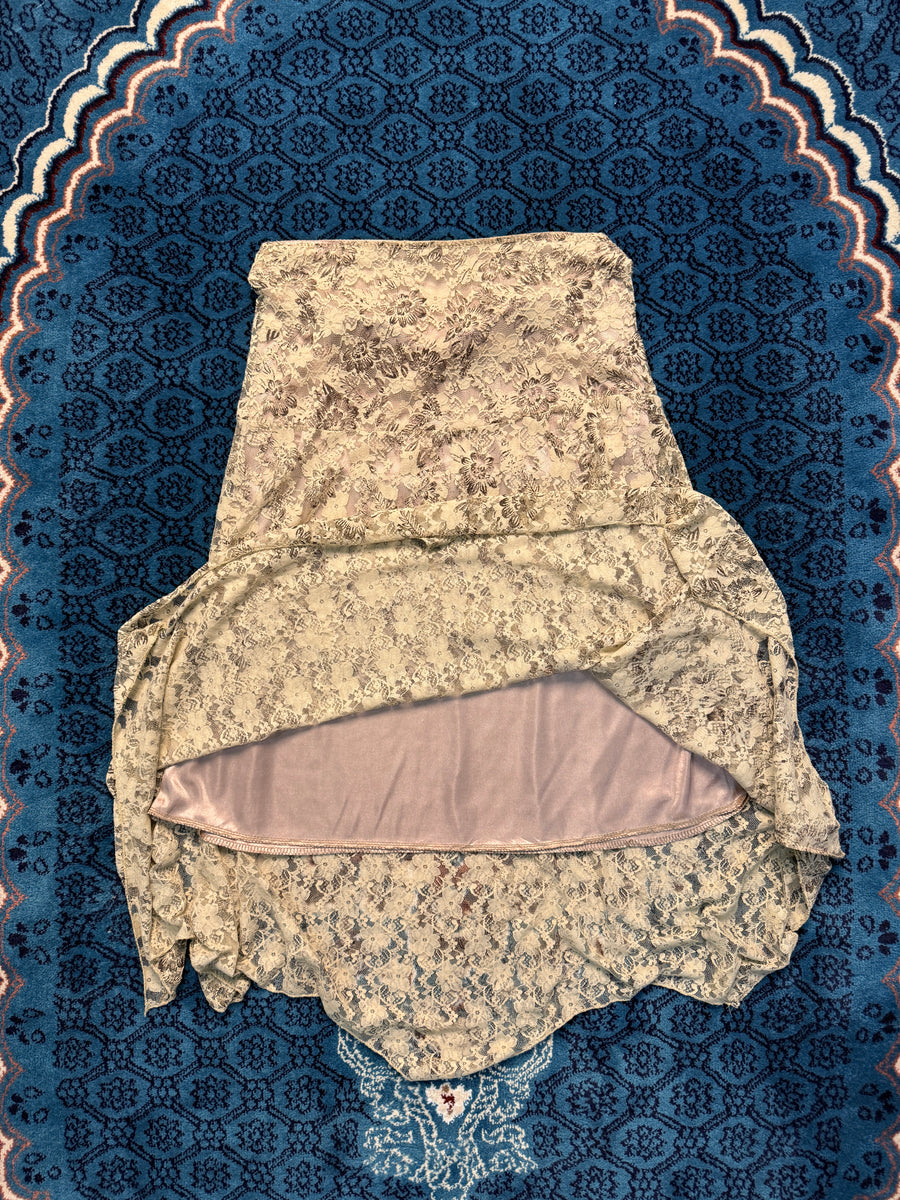 Vintage Brown Embroidered Mesh Midi Skirt - L