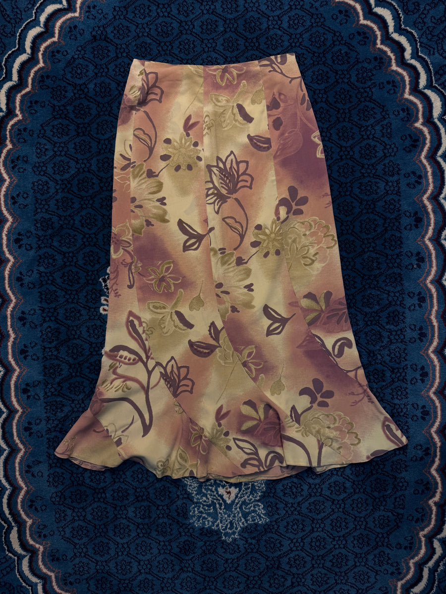 Tony De Paris Purple & Green Floral Ruffle Midi Skirt - M