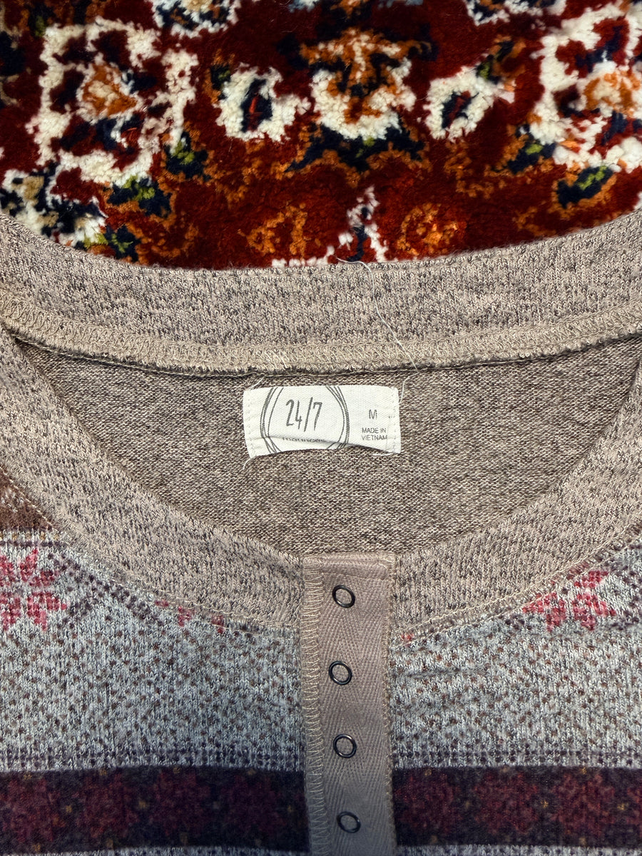 24/7 Brown Floral Henley Top - M