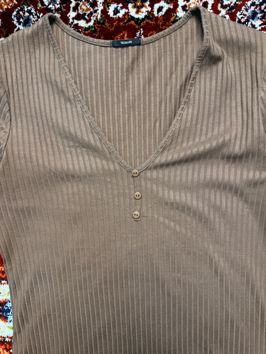 Tezenis Brown Stripe Henley Top - M