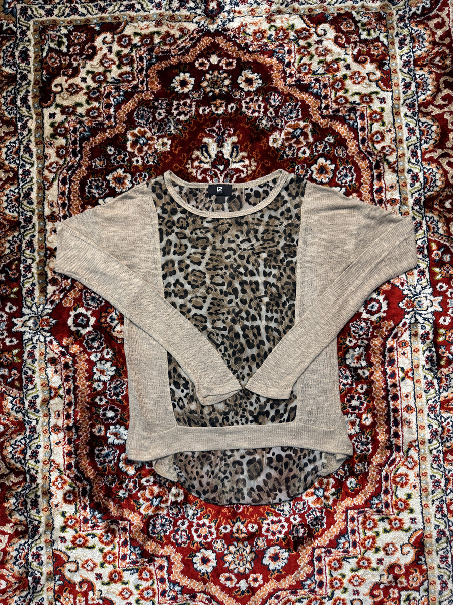 iZ Byer Brown Cheetah Print Long Sleeve Net Top - M