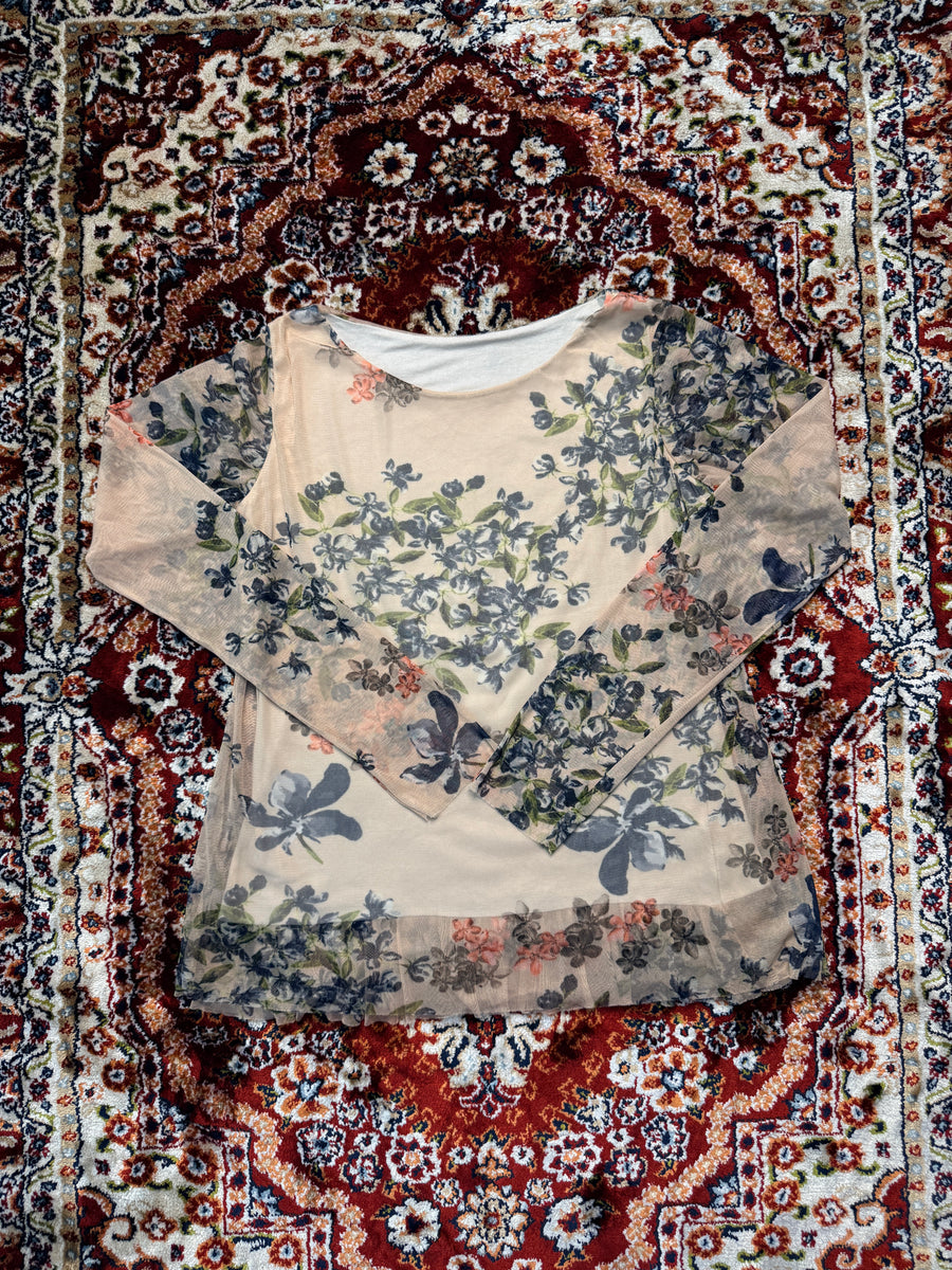 Vintage Brown Floral Net Top - M