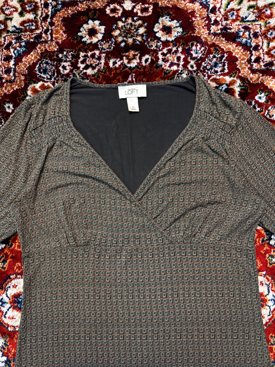 Ann Taylor Loft Brownish Green Geometric Pattern Blouse - M