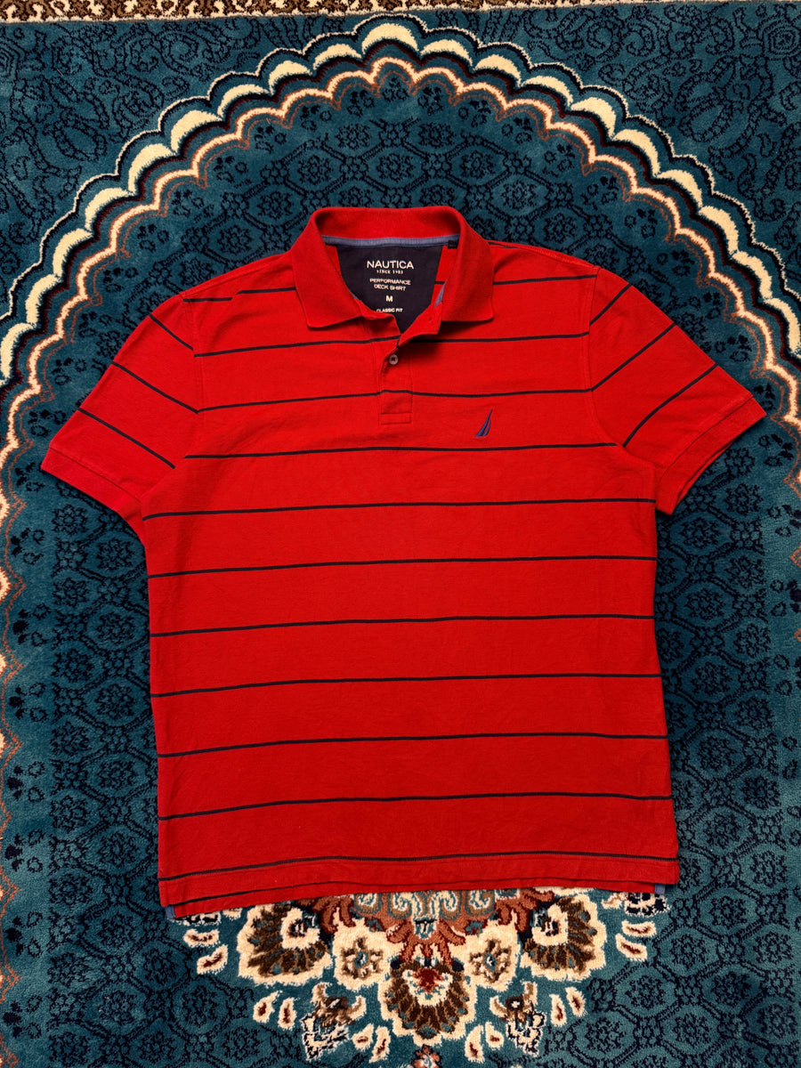 Nautica Stripe Red Performance Deck Polo Shirt - M