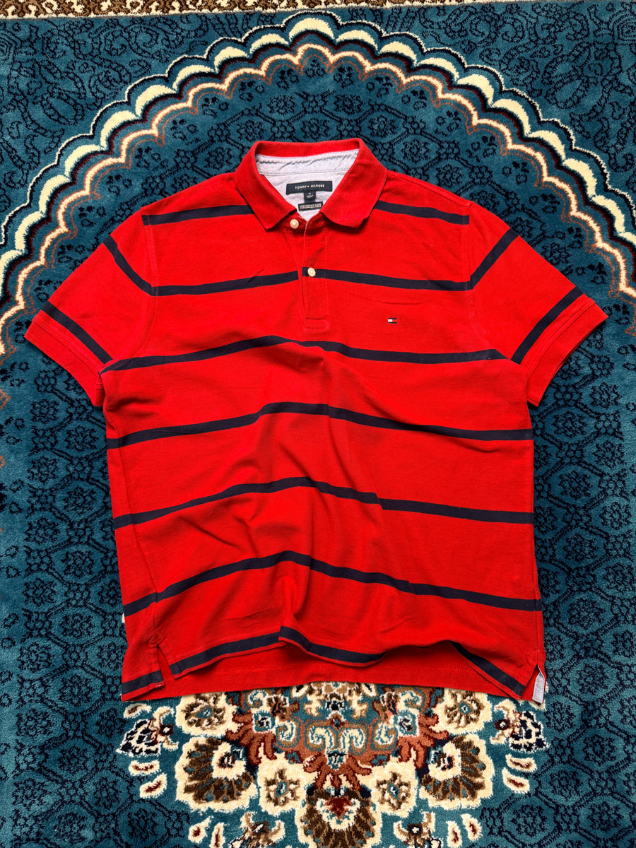 Tommy Hilfiger Stripe Red & Blue Performance Pique Polo Shirt - M