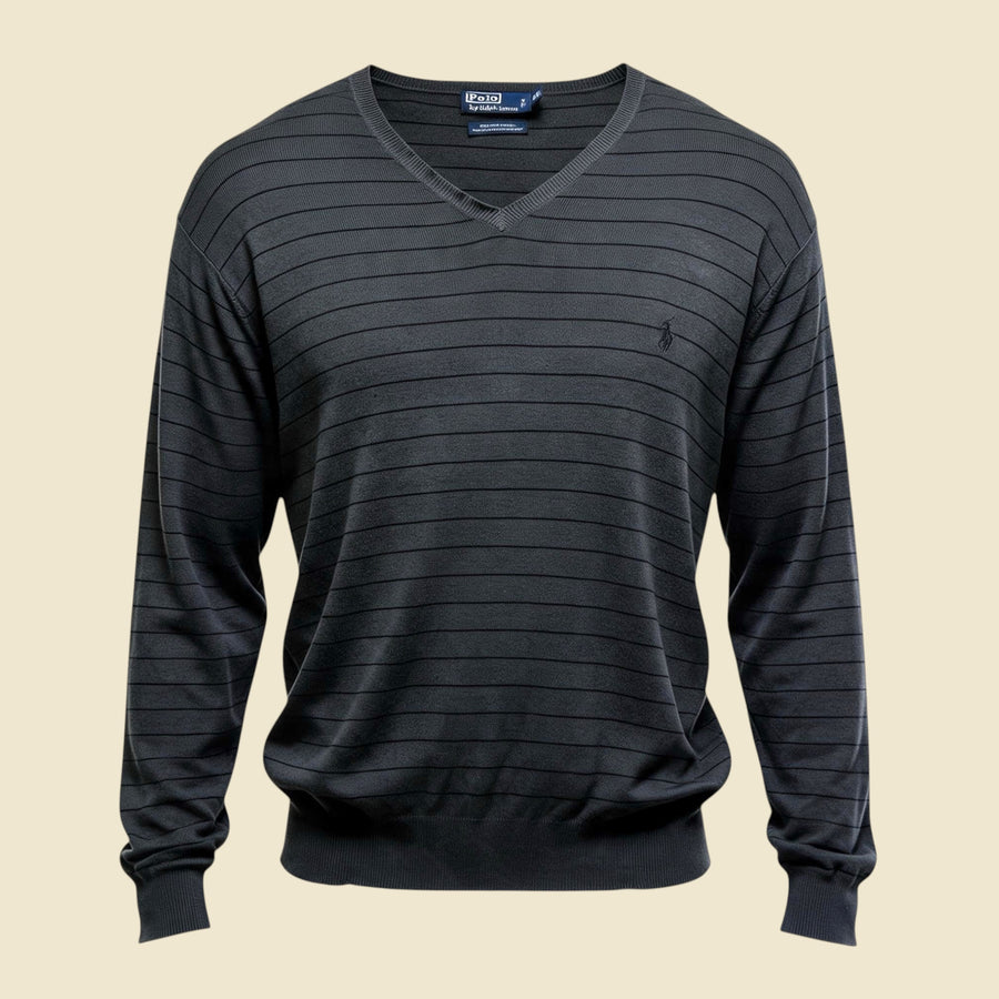 Polo by Ralph Lauren Stripe Grey Pima Cotton V Neck Sweater - XXL