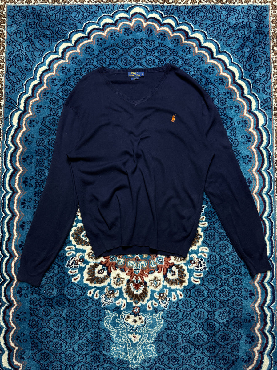 Polo Ralph Lauren Navy Blue Slim Fit Pima Cotton V Neck Sweater - L
