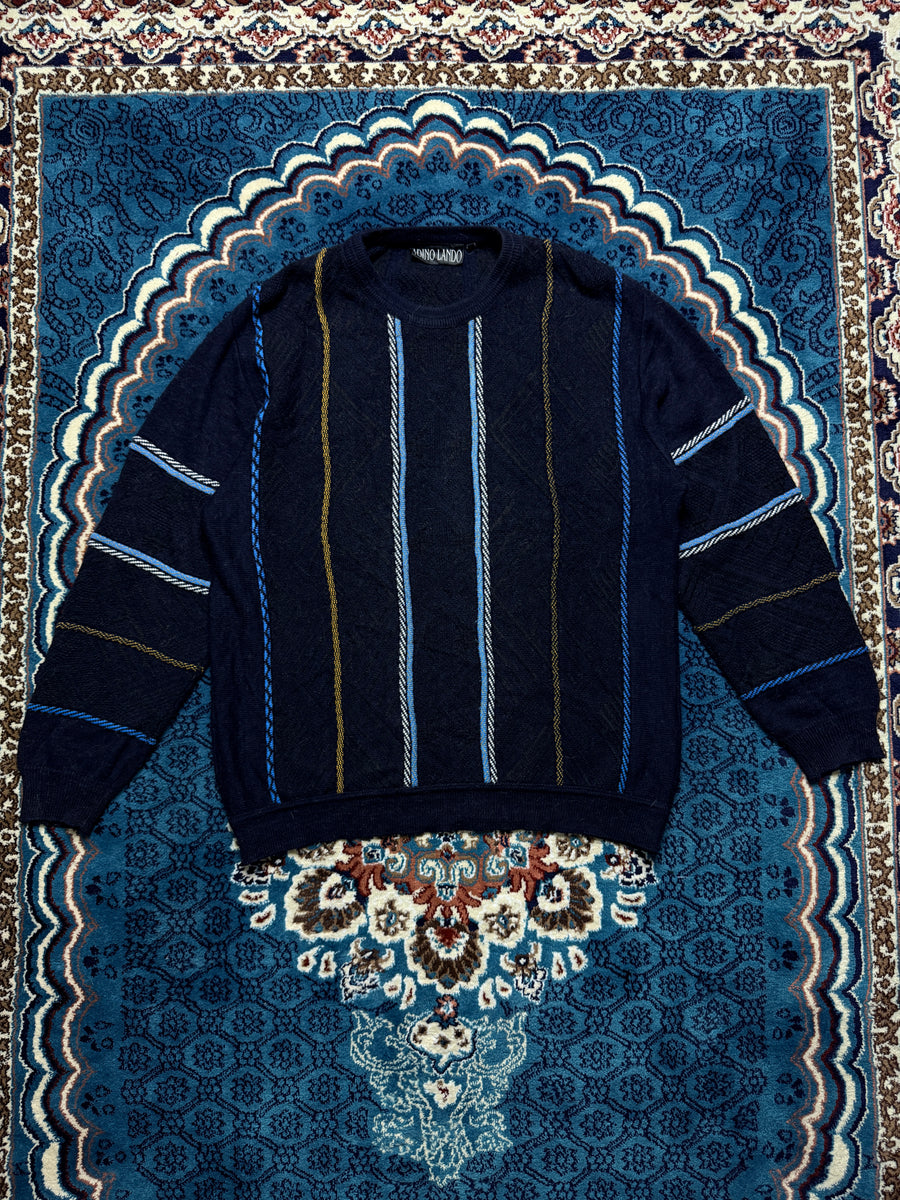 Adino Lando Textured Knit Navy Blue Crewneck Sweater - L