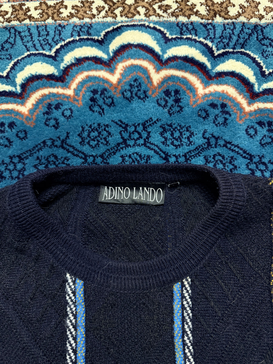 Adino Lando Textured Knit Navy Blue Crewneck Sweater - L