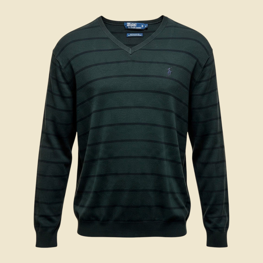 Polo by Ralph Lauren Stripe Charcoal Grey Pima Cotton V Neck Sweater - L