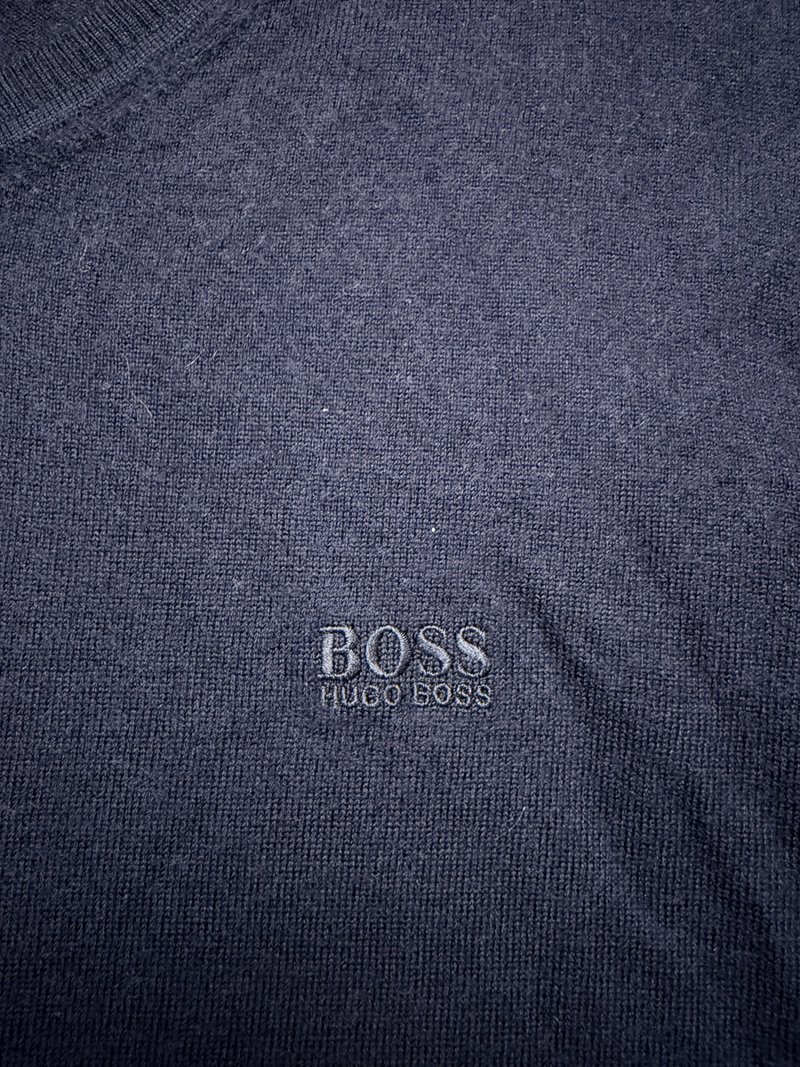 Hugo Boss Navy Blue Extra Fine Merino Wool V Neck Sweater - L