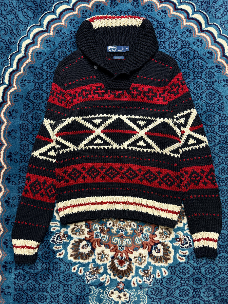 Polo by Ralph Lauren Black & Red Funky Pima Cotton Hand Knit Shawl Neck Sweater - M