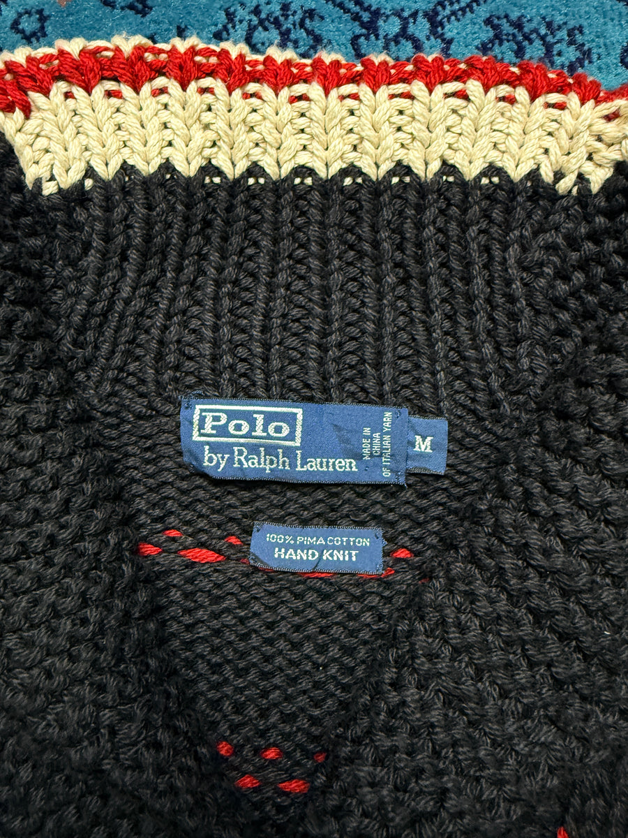 Polo by Ralph Lauren Black & Red Funky Pima Cotton Hand Knit Shawl Neck Sweater - M