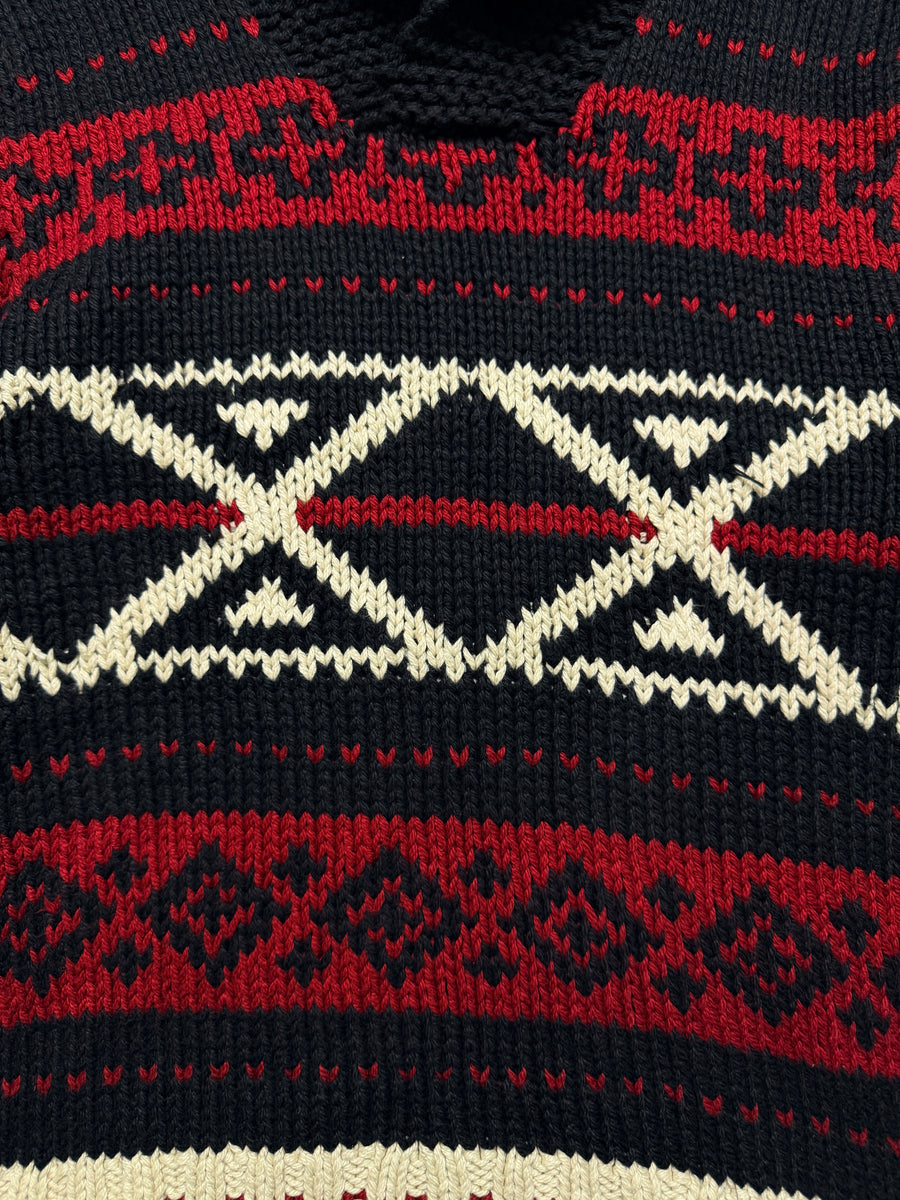 Polo by Ralph Lauren Black & Red Funky Pima Cotton Hand Knit Shawl Neck Sweater - M