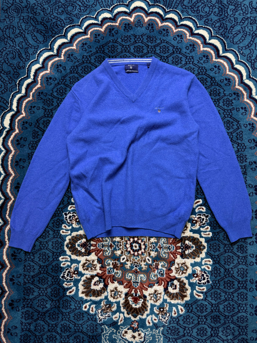 Gant Blue Super Fine Lambs Wool V Neck Sweater - L