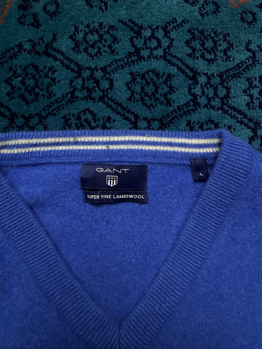 Gant Blue Super Fine Lambs Wool V Neck Sweater - L