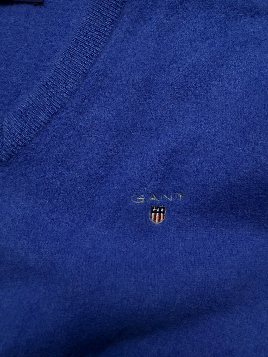 Gant Blue Super Fine Lambs Wool V Neck Sweater - L