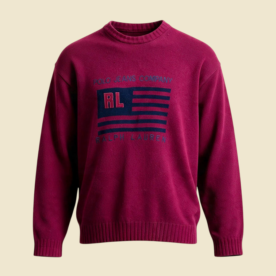 Polo Jeans Co. Maroon Flag Lambs Wool Crewneck Sweater - XL