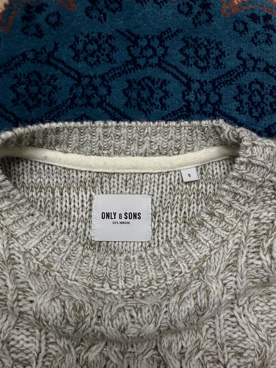 Only & Sons Light Grey Textured Cable Knit Sweater - S