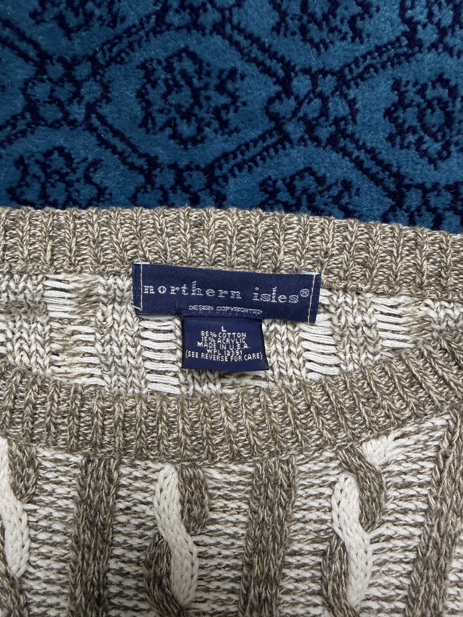 Northern Isle Beige Textured Knit Crewneck Sweater - L
