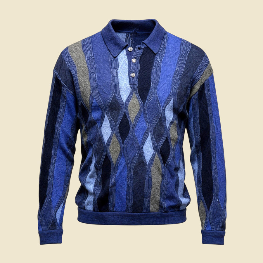 Woolmark Blue Patterned Polo Style Sweater - M