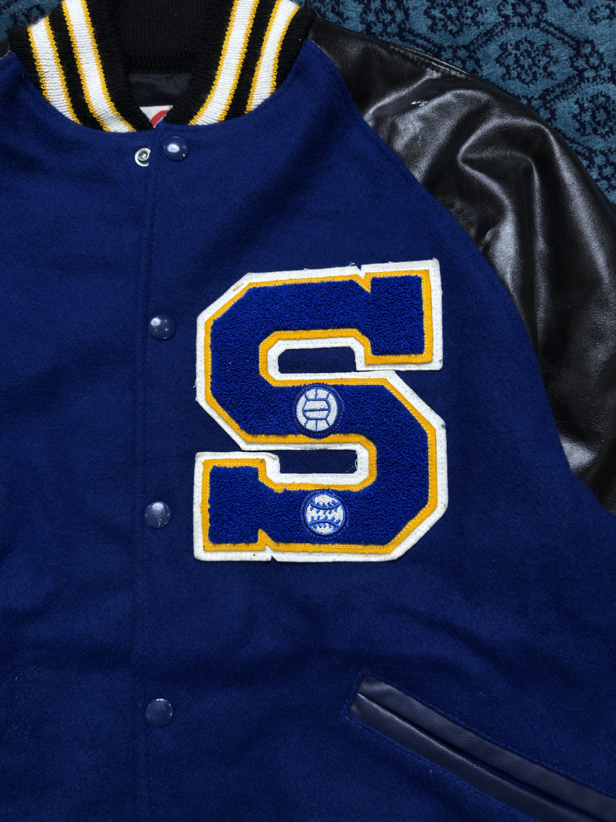 Meca Sportswear Black & Blue Leather Varsity Jacket Distressed - M