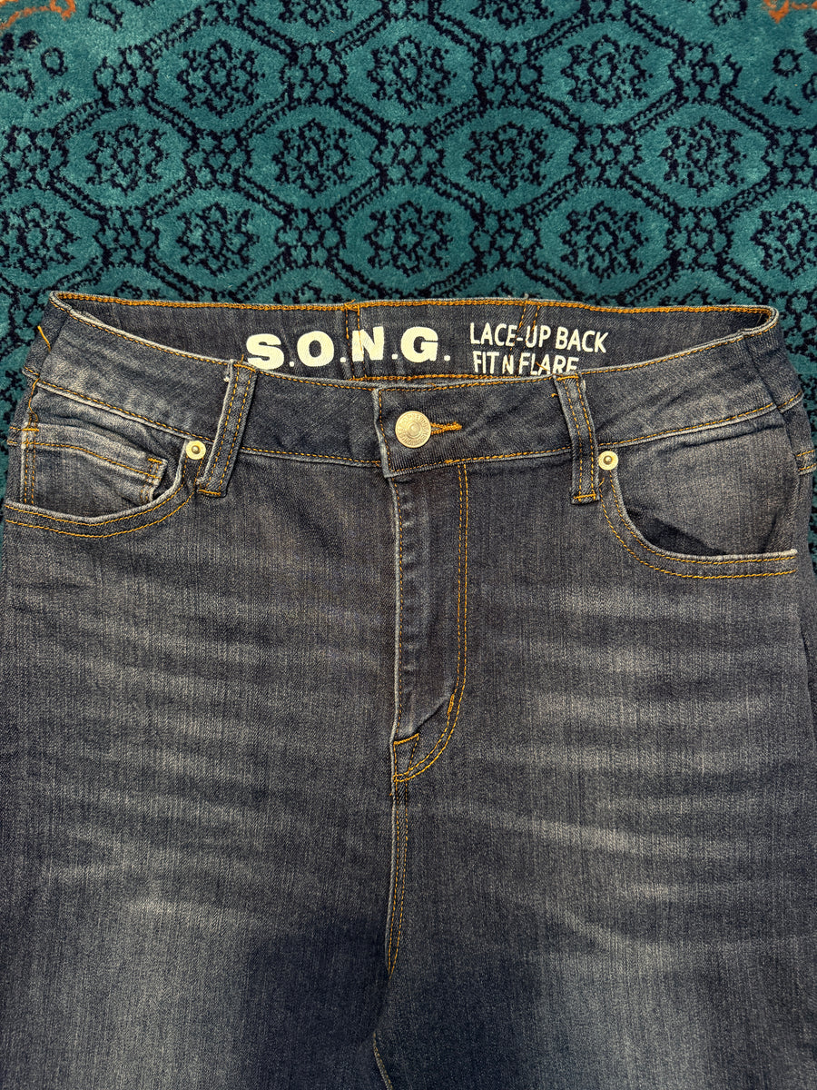 Song Blue Lace Up Back Fit N Flared Jeans - 11