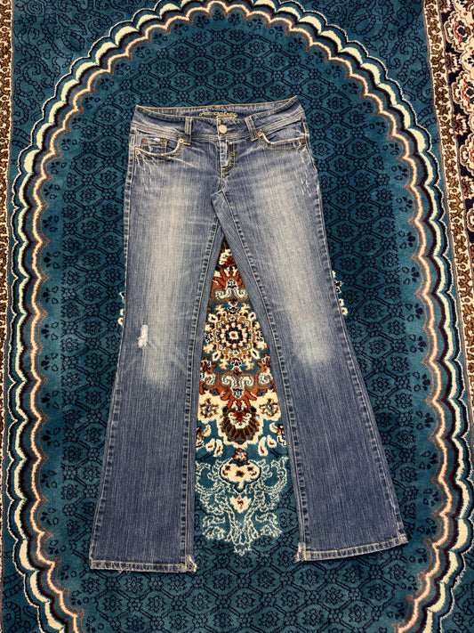 American Eagle Blue Long Stretch Flared Jeans Distressed - 6