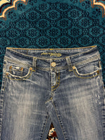 American Eagle Blue Long Stretch Flared Jeans Distressed - 6