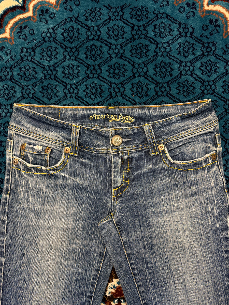 American Eagle Blue Long Stretch Flared Jeans Distressed - 6