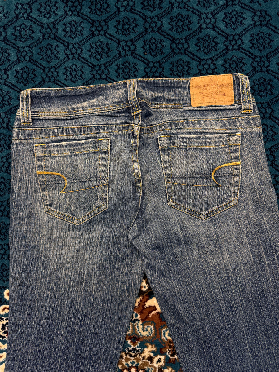 American Eagle Blue Long Stretch Flared Jeans Distressed - 6