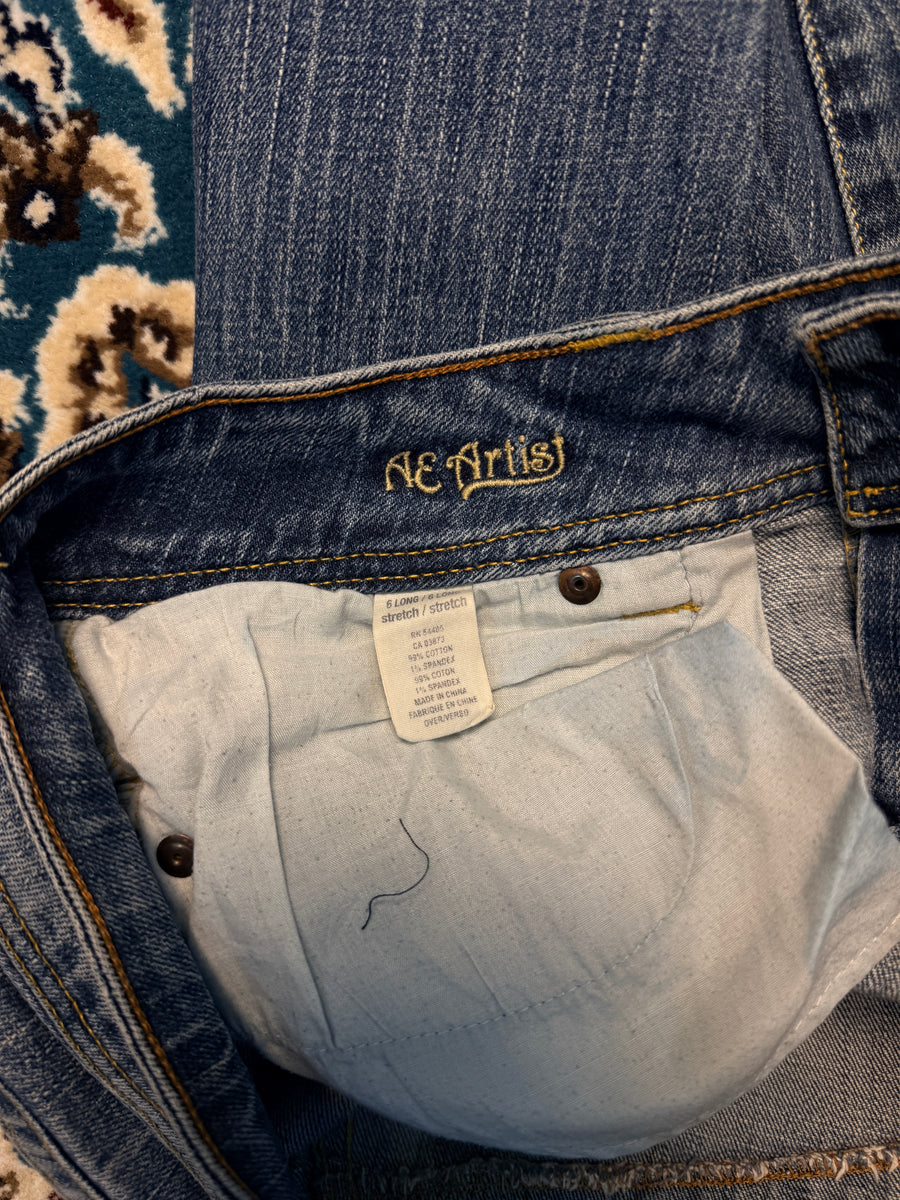 American Eagle Blue Long Stretch Flared Jeans Distressed - 6