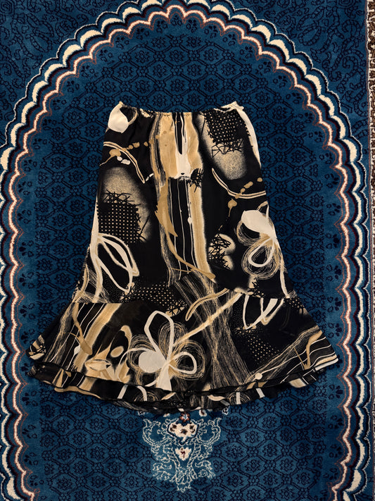 Vintage Brown Printed Tiered Net Midi Skirt - M