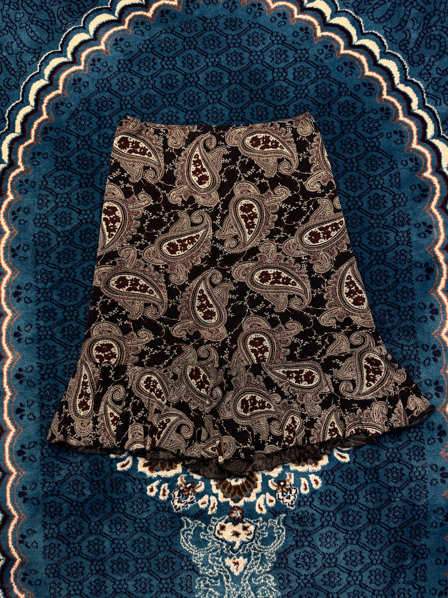 Vintage Black & Brown Paisley Net Midi Skirt - M