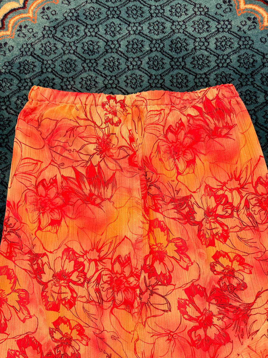Vintage Pink Floral Printed Net Mid Skirt - L