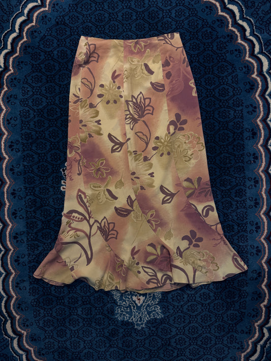 Tony De Paris Purple & Green Floral Ruffle Midi Skirt - M