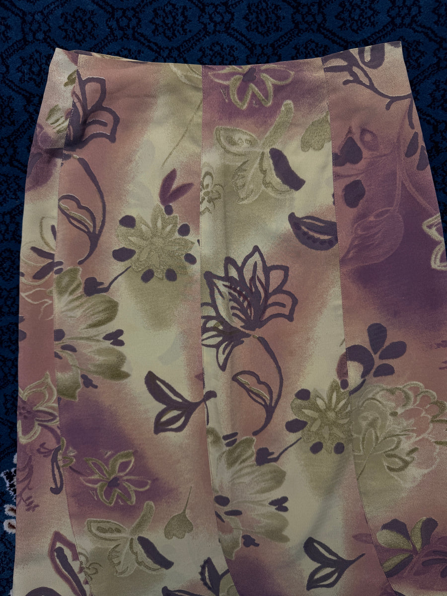 Tony De Paris Purple & Green Floral Ruffle Midi Skirt - M