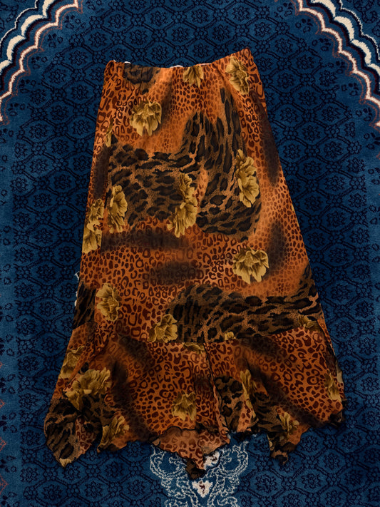 Vintage Brown Floral Cheetah Print Ruffle Midi Skirt - S