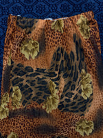 Vintage Brown Floral Cheetah Print Ruffle Midi Skirt - S