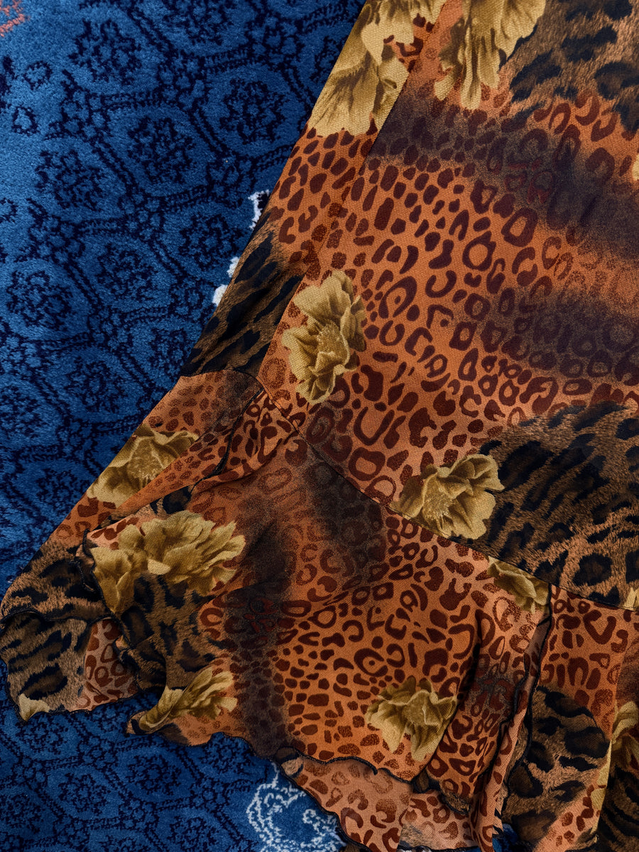 Vintage Brown Floral Cheetah Print Ruffle Midi Skirt - S