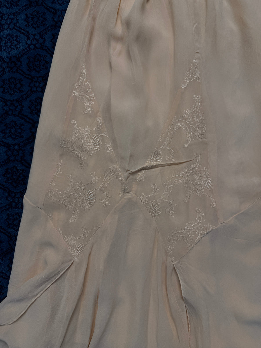 Vintage Beige Linen Embroidered Hem Midi Skirt - S