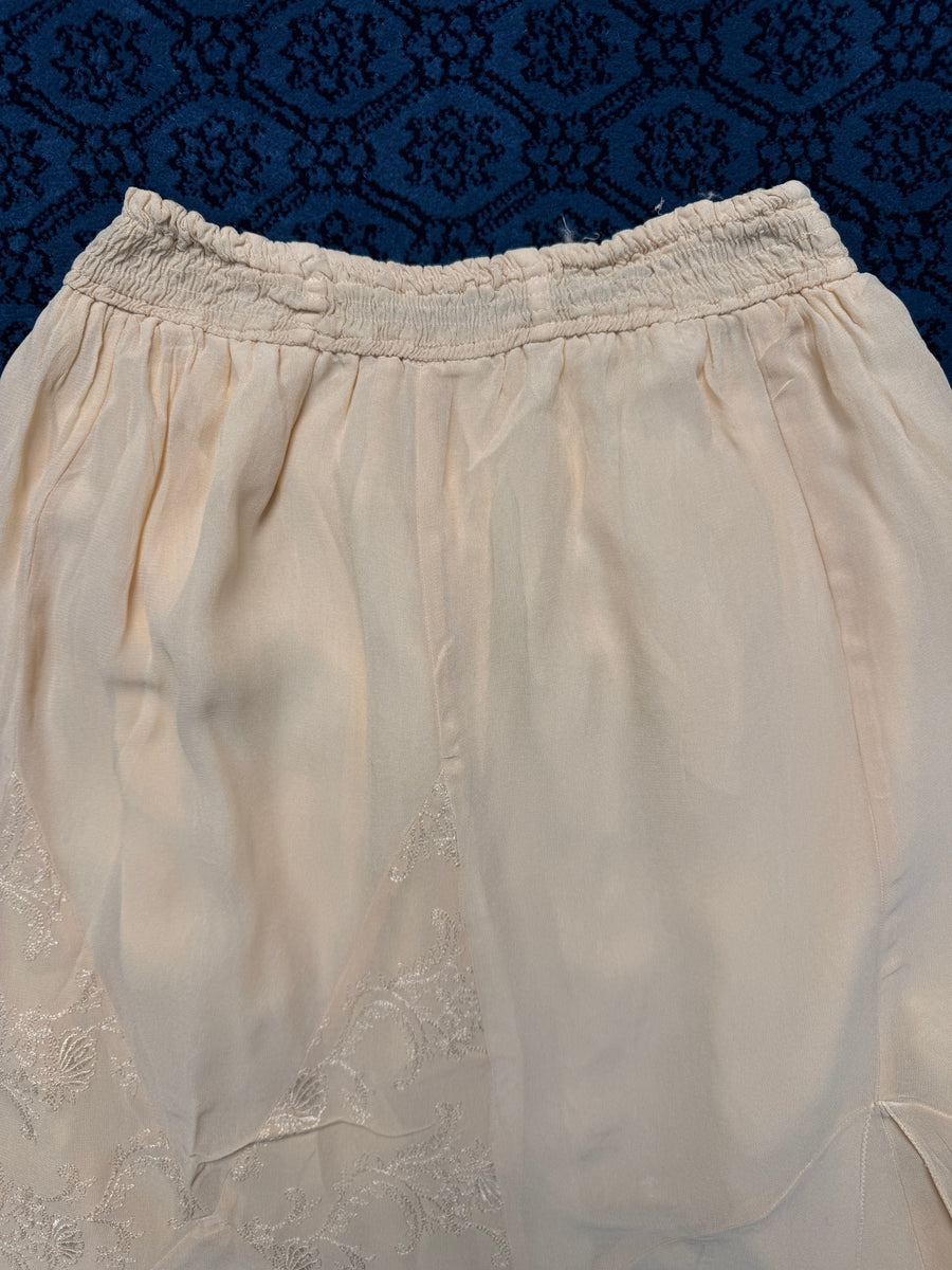 Vintage Beige Linen Embroidered Hem Midi Skirt - S
