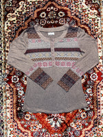 24/7 Brown Floral Henley Top - M