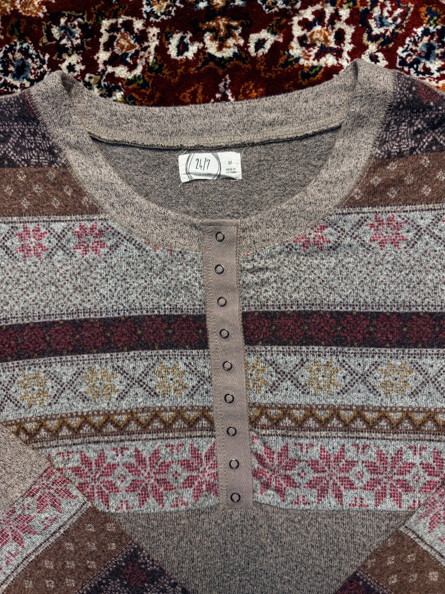24/7 Brown Floral Henley Top - M