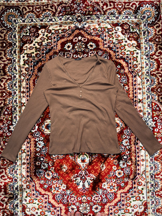 Tezenis Brown Stripe Henley Top - M