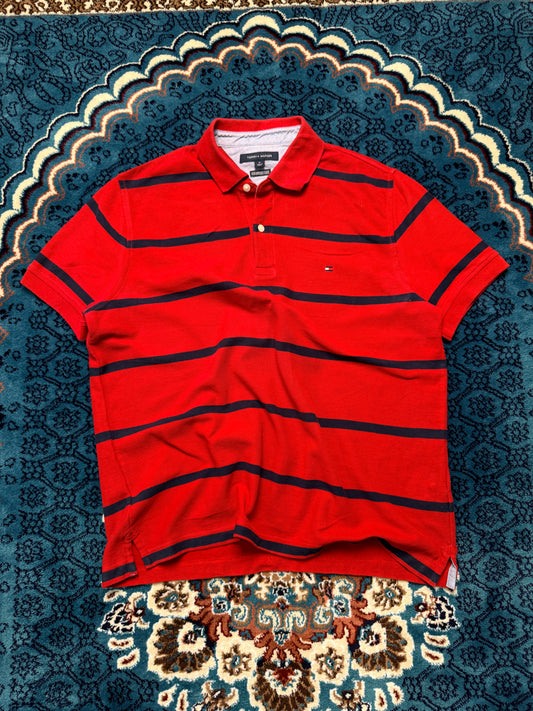 Tommy Hilfiger Stripe Red & Blue Performance Pique Polo Shirt - M